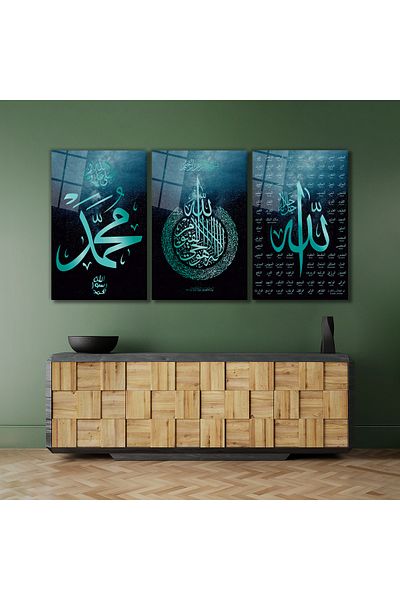 Rosyvien Muhammad, Ayetel Kursi și Esma'ul Hüsna Set de 3 piese de pictură pe sticlă, decorare de perete pentru birou, școală, islamică religioasă