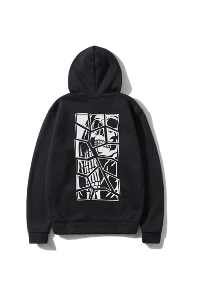 DEEPSENCE Hanorac unisex negru cu glugă, cu imprimeu cu craniu pe spate