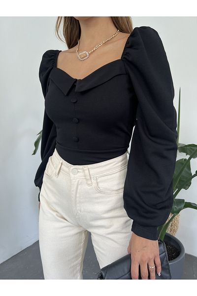 Fav Style Γυναικείο μπαλόνι με μακρυμάνικο λαιμόκοψη με κουμπιά με λεπτομέρεια Crop μπλούζα μαύρη