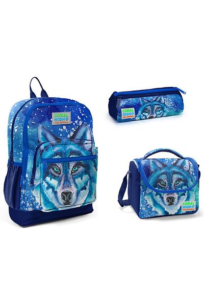 Coral High Geantă pentru școală primară pentru băieți - CORAL HIGH Blue Wolf, set de trei piese