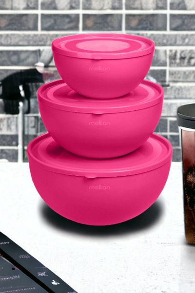 Melkan Home Round Bowl with Lid Set of 3 Milenyum Pink Color (0.6L 2.5L 4L)
