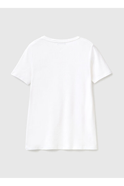 Benetton V-Neck Regular Fit Women's White T-Shirt - 3Ga2E4230