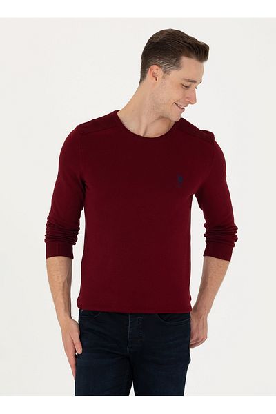 U.S. Polo Assn. БАЗА. Поло Асоциация Мъжки пуловер с кръгло деколте, в тъмночервен цвят, с прилепнала кройка и кройка TD01-BSK23