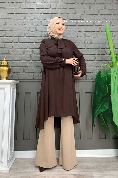Bym Fashion Chiffon-Tunika mit Kragendetail, taillierten Ärmeln und Bündchen, 2454, Braun