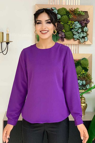 Bym Fashion Plain Crew Neck Sleeve Button Detail Short Underwear Blouse 5298 Purple