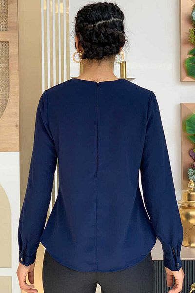 Bym Fashion Plain Crew Neck Sleeve Button Detail Short Underwear Blouse 5298 Navy Blue