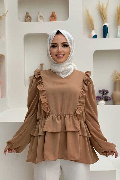 Bym Fashion Μπλούζα με βολάν λεπτομέρεια ελαστική μέση όψη 5207 μαύρισμα
