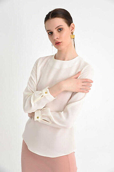 Bym Fashion Plain Crew Neck Short Innerwear Blouse with Cufflinks 5298 Ecru