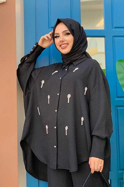 Bym Fashion Mit Stein bestickte Tunika mit Knöpfen 2685 Schwarz