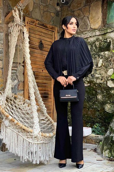 Bym Fashion Μπλούζα με πιέτες Cape Look με κουμπιά μπροστά 5264 Μαύρη