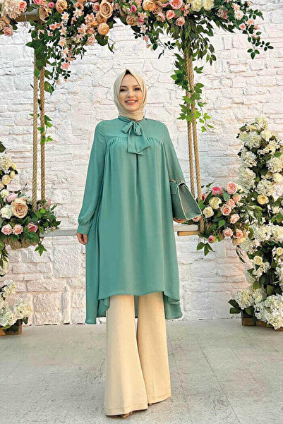 Bym Fashion Collar Detail Tailed Sleeve Cuffed Chiffon Tunic 2454 Mint