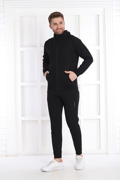 NEED LİFE Men's Black Casual Waffle Fabric Hooded Zippered Slim Fit Bottom Top Tracksuit Set