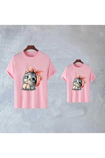 EgeModa تي شيرت لطيف للأم والابنة مطبوع عليه قطة - السعر المدرج (السعر الكمي)