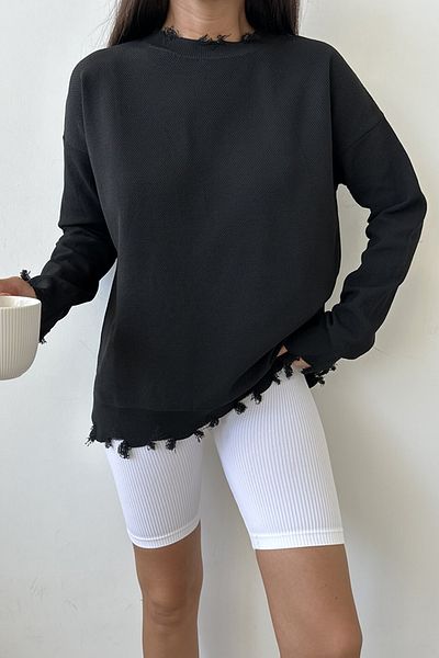 Ortaya Çık Black Oversize Soft Textured Knitwear Sweater