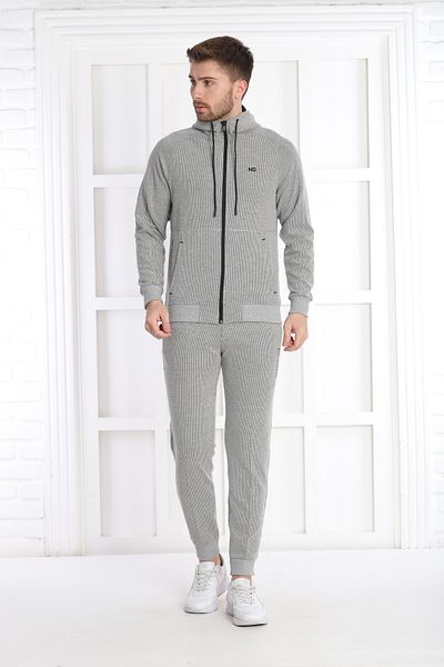 NEED LİFE Men's Gray Melange Casual Waffle Fabric Hooded Zippered Slim Fit Bottom Top Tracksuit Set