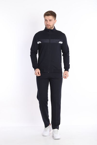 NEED LİFE Men's Navy Blue Daily Zippered Chest Embroidered Top and Bottom Tracksuit Set