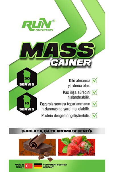 Run Nutrition Gainer - 3 Kg - Çilek Aromalı - 30 Servis - Hediyeli