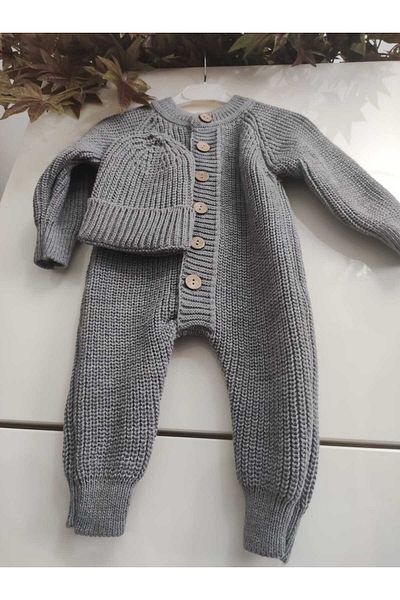 Meriç bebe Buttoned Gray Selanik Knitted Knitted Baby Jumpsuit with Hat