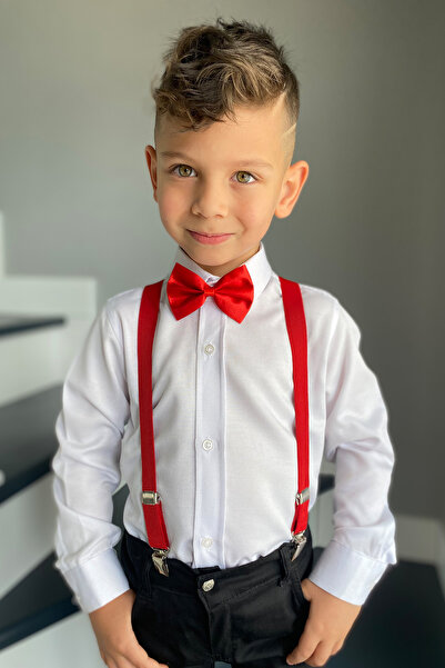 Entel Boy's Long Sleeve Dobby White Shirt Suspender Bow Tie Suit