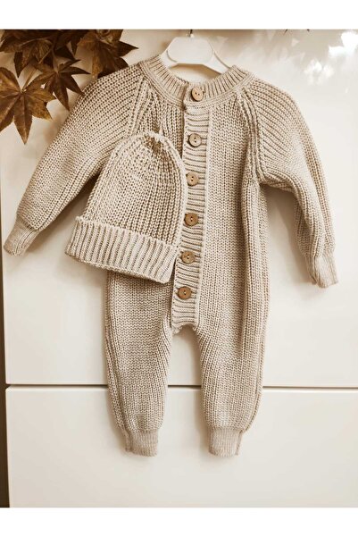 Meriç bebe Buttoned Beige Selanik Knitted Knitted Baby Jumpsuit with Hat
