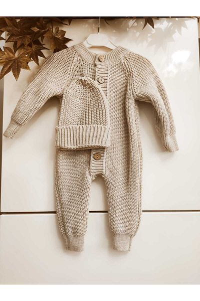 Meriç bebe Buttoned Beige Selanik Knitted Knitted Baby Jumpsuit with Hat