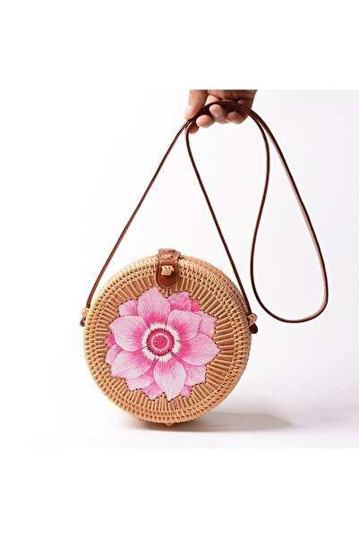 FASHION COCKTAIL Τσάντα ώμου Bali Rattan Straw Snap Fastener με επένδυση από σκληρό υλικό Bohemian Summer