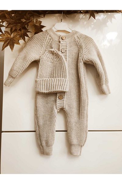 Meriç bebe Buttoned Beige Selanik Knitted Knitted Baby Jumpsuit with Hat