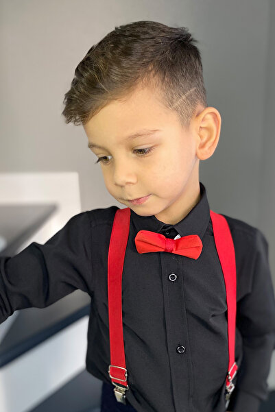 Entel Boy's Long Sleeve Black Shirt Suspender Bow Tie Suit