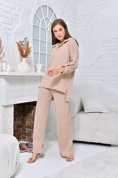VOLT CLOTHİNG Kadın Polo Yaka Gofre Pantolonlu Takım