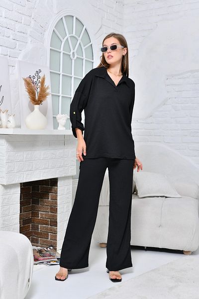 VOLT CLOTHİNG Women's Polo Neck Seersucker Pants Set