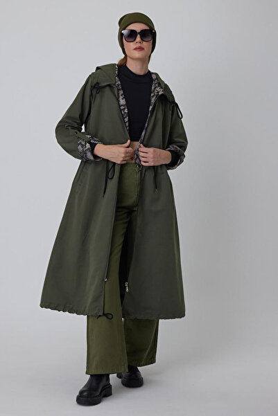 AYASOFYA OTANTIK Kadın Haki Kapüşonlu Belden Büzgülü Bel Katlanabilen Kollu Cepli Büyük Beden Overseize Trençkot