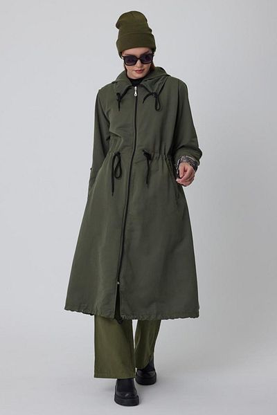 AYASOFYA OTANTIK Women's Khaki Hooded Drawstring Waist Foldable Sleeves Pocket Plus Size Overseize Trench Coat