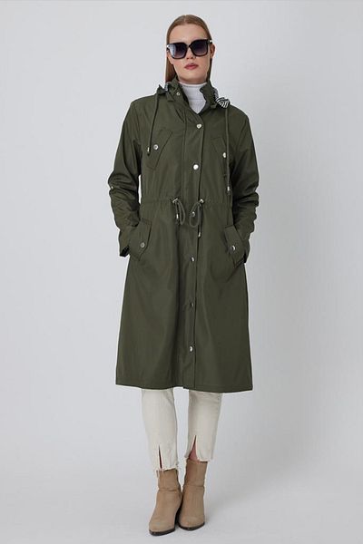 AYASOFYA OTANTIK Women's Khaki Removable Hooded Trench Coat with Drawstring at the Waist, Foldable Sleeves and Pockets