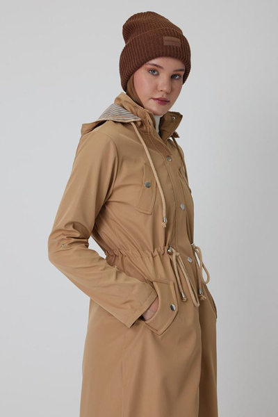 AYASOFYA OTANTIK Kadın Bej Çıkarılabilen Kapüşonlu Belden Büzgülü Katlanabilen Kollu Cepli Trençkot