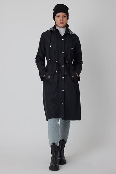 AYASOFYA OTANTIK Women's Black Removable Hooded Trench Coat with Drawstring at the Waist, Foldable Sleeves and Pockets