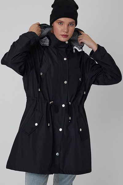 AYASOFYA OTANTIK Women's Black Removable Hooded Trench Coat with Drawstring at the Waist, Foldable Sleeves and Pockets