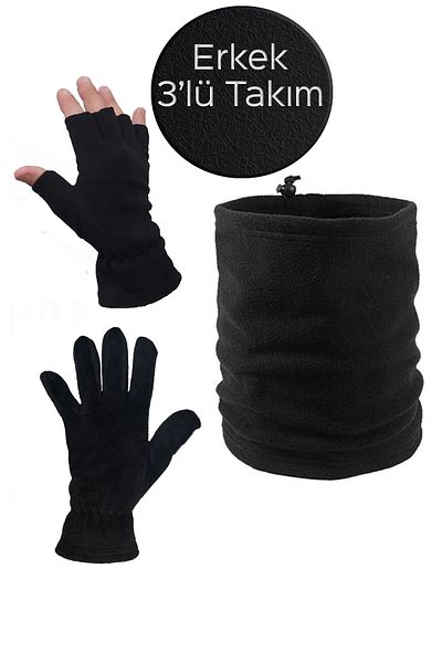 Mrey Men's Black Winter Thermal Fleece Cut-Finger Gloves Fleece Gloves Fleece Drawstring Beanie Neck Collar Set of 3