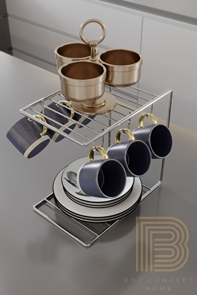 boz concept home Gümüş 6lı Kahve Fincan Askılığı Kupa Askısı Mutfak Düzenleyicisi