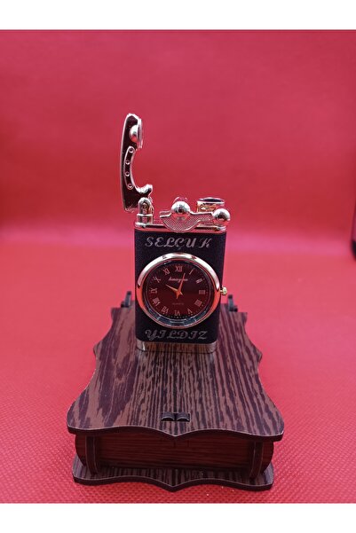 Hunter Saatli Ibikli Hediyelik Şık Isim Yazılabilir Mat Siyah Renk Ahşap Kutulu Çakmak