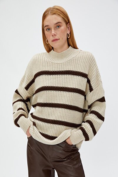 Koton Dámský hnědý pruhovaný svetr 4WAK90015HT