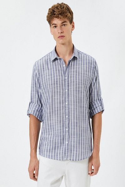 Koton Navy Blue Striped Men's Shirt
