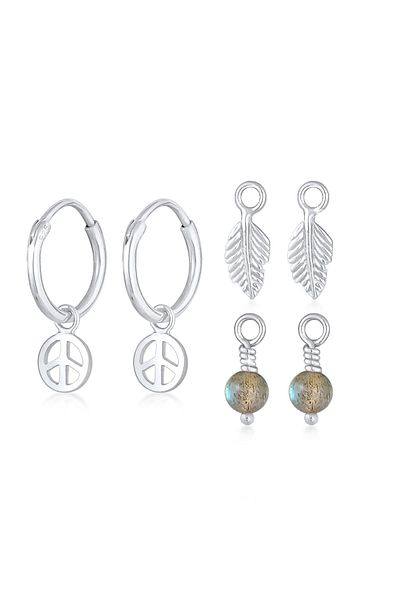 ELLI Ohrringe Creolen 3-Set Hänger Peace Feder Boho 925 Silber