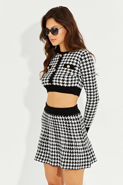 Cool & Sexy Női fekete-fehér Houndstooth kötöttáru szoknya készlet SF2190