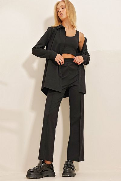 Trend Alaçatı Stili Women's Black Shirt Crop Blouse and Grassy Trousers 3-Piece Set ALC-X10876