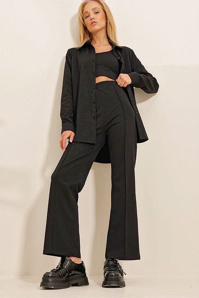Trend Alaçatı Stili Women's Black Shirt Crop Blouse and Grassy Trousers 3-Piece Set ALC-X10876