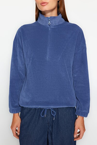 Trendyol Collection Indigó cipzáras részletes kötött pulóver