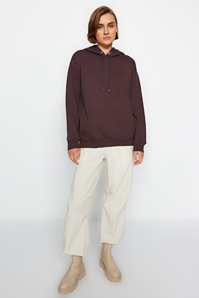 Trendyol Collection Тъмнокафяв плетен дебел суичър с джоб и качулка тип "кенгуру"