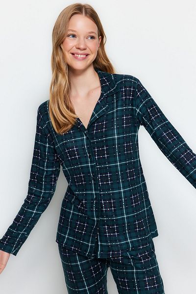 Trendyol Collection Grün kariertes, gebürstetes, weiches Strick-Pyjama-Set - Sleep Band Thmaw24pt00100