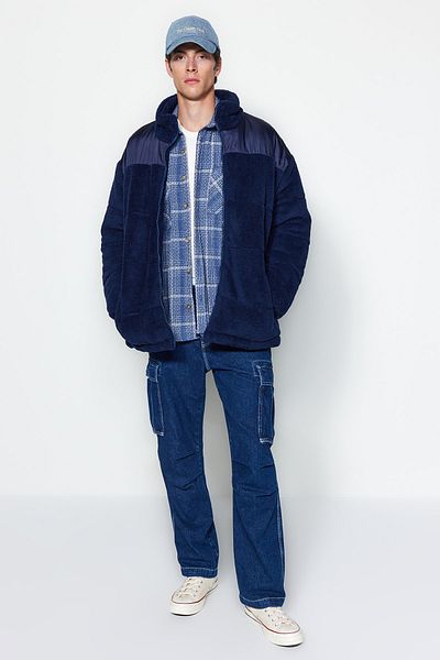 Trendyol Collection Oversize Navy Blue Plush Coat - Lined/Padded, Thick Winter TMNAW24MO00015