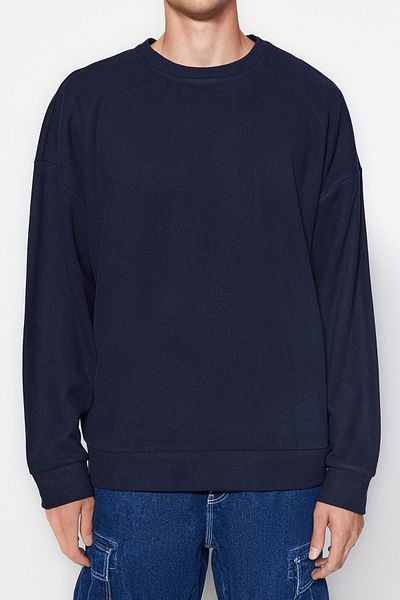 Trendyol Collection Námořnická modrá Oversize/Wide Cut Soft Brushed Thessaloniki bez šedé mikiny TMNAW24SW00057